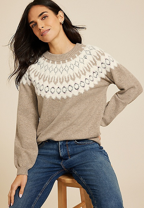 Fair Isle Eyelash Crew Neck Sweater | Maurices