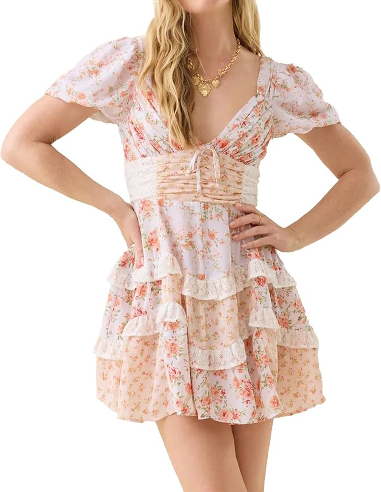 Women Floral Mini Dress Puff Sleeve V Neck Lace Patchwork Ruffle Tiered Backless Dress Senior Pic... | Amazon (US)