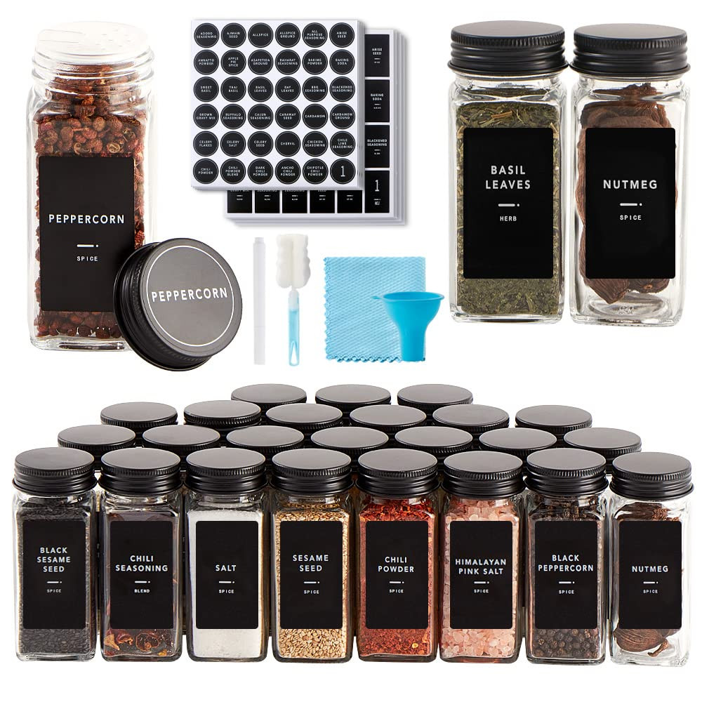 Skiileor 48 Pcs Spice Jars with Label- Glass Spice Jars with Black Metal Caps,Shaker Lids, Funnel... | Amazon (US)