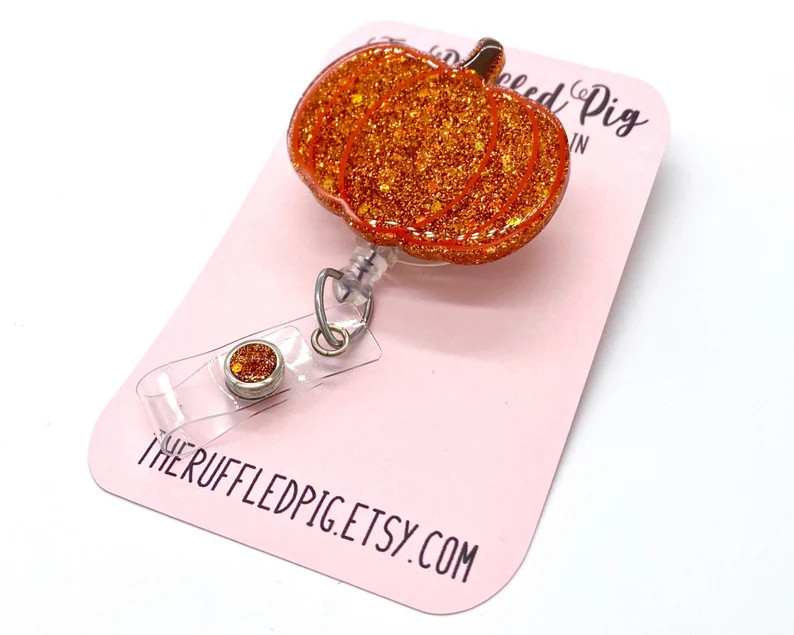 Pumpkin Retractable Badge Reel RN ID Holder Glitter Nurse - Etsy | Etsy (US)