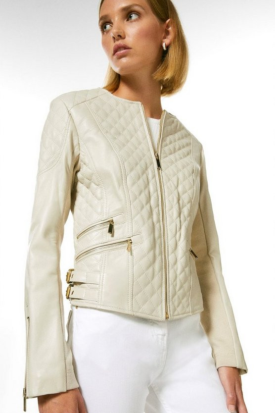 Petite Leather Quilted Biker Jacket | Karen Millen UK + IE + DE + NL