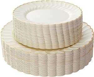 Lullaby 60 Pack Ivory Scalloped Plastic Plates with Gold Rim, Disposable Elegant Plates Include 3... | Amazon (US)
