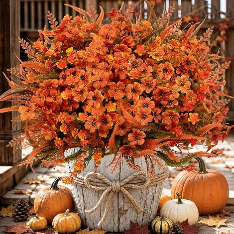 AXYLEX Artificial Fall Flowers Outdoor Fake Mums (OrangeGreenGrass, 16) | 16 bundles UV resistant... | Amazon (US)