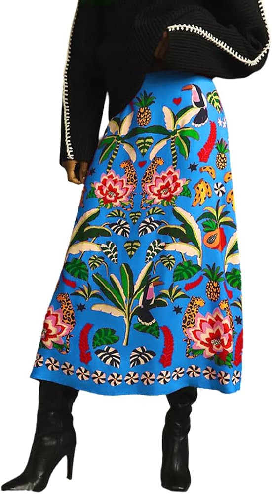 THLAI Womens Skirt Midi Skirt Tropical Plant Print Pink Zipper A-Line Long Skirts Spring Summer S... | Amazon (US)