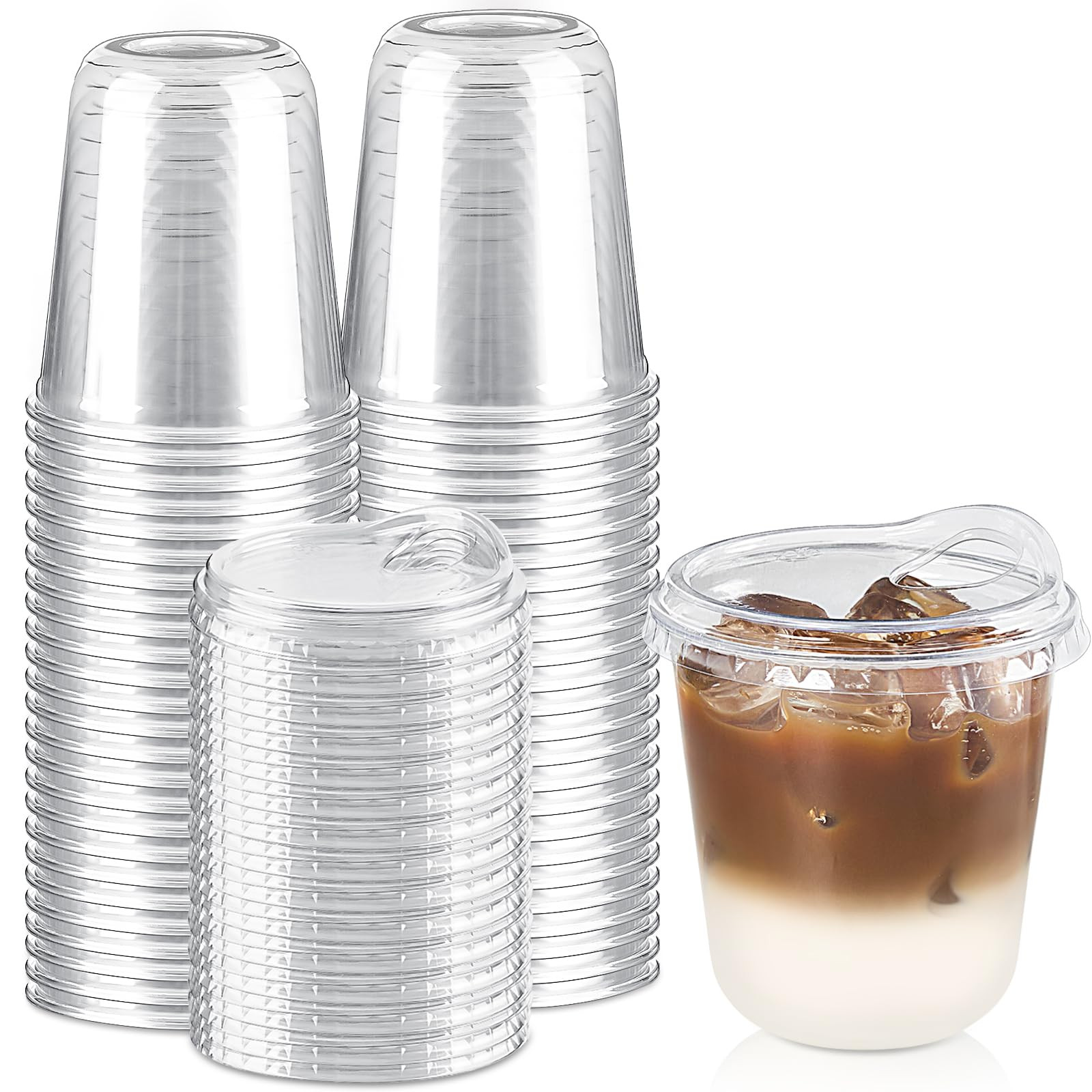 Qeirudu 12 Oz Round Bottom Clear Plastic Cups with Strawless Sip Lids, 50 Pack Disposable Iced Co... | Amazon (US)