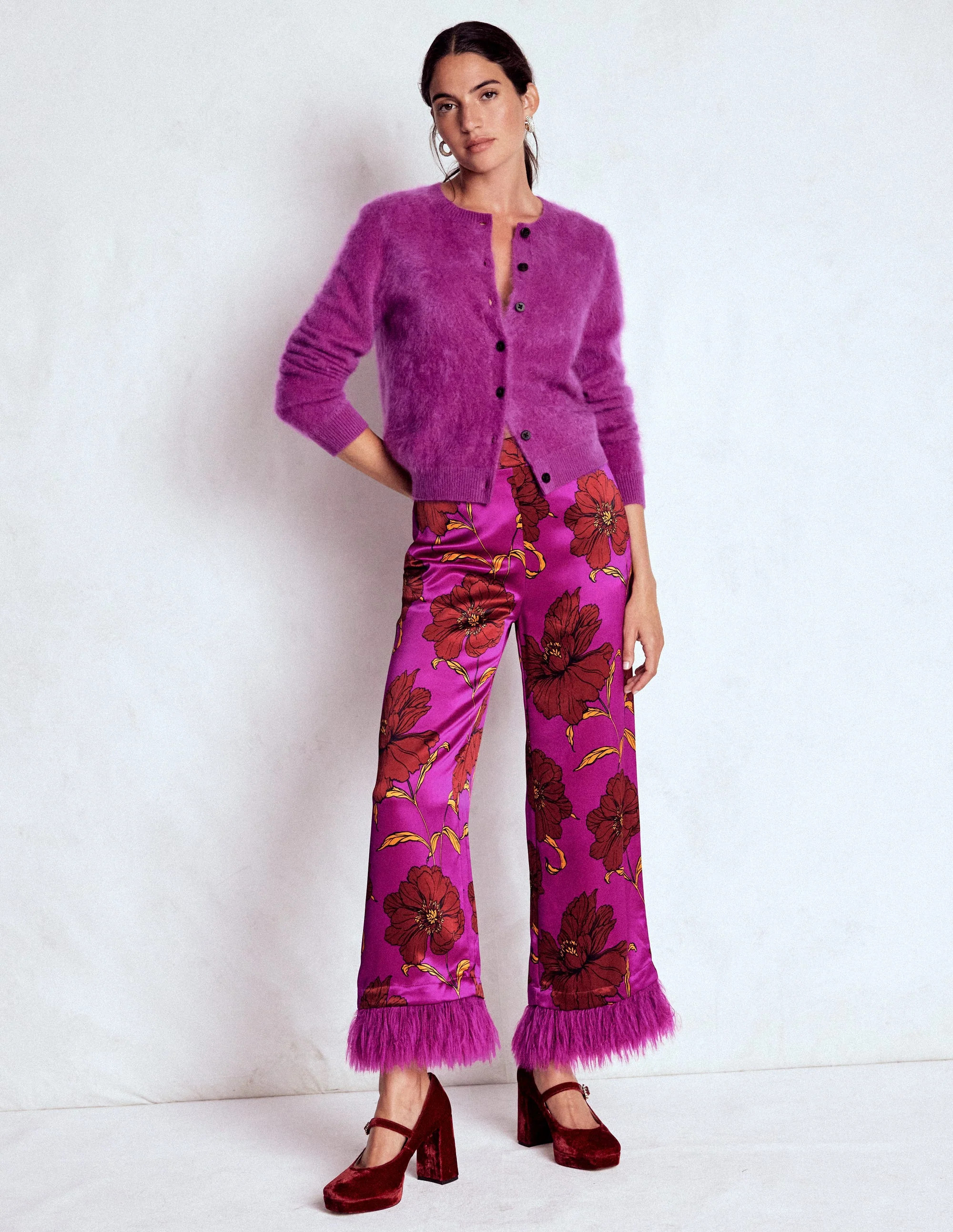 Faux Feather Trim Pants-Regal Purple, Peony Bloom | Boden (US)