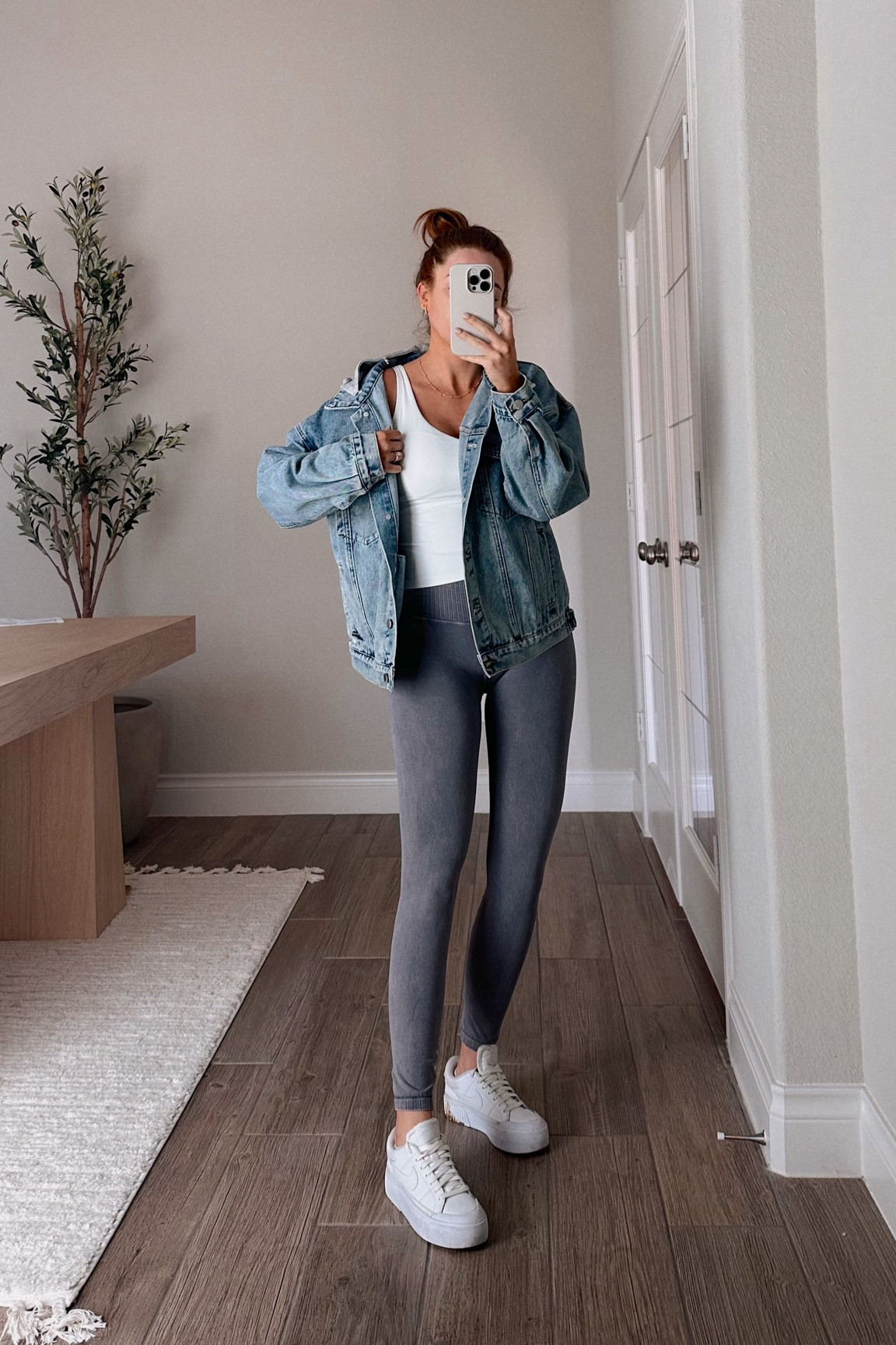good karma leggings: xs/s (exact grey color no longer sold, but they have 15 colors) // tank: small (pink lily code: michele20) // denim jacket: small // both sneakers are true to size 