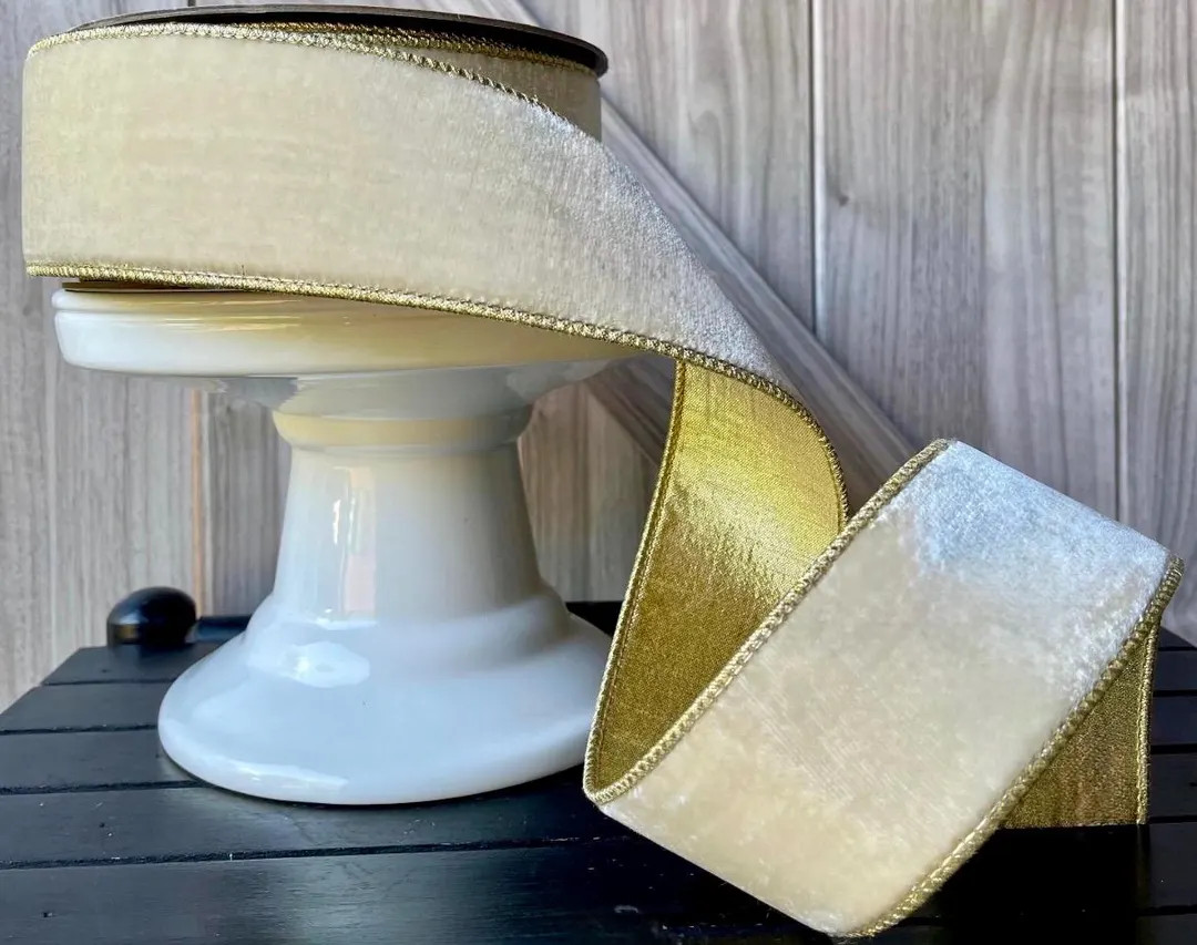 Cream Velvet D Stevens Ribbon: Gold Back Wired Holiday Ribbon, 2.5 Inch, 10 Yards - Etsy | Etsy (US)
