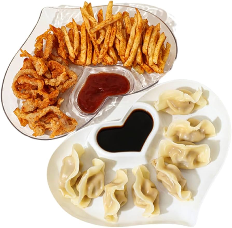 OULIGET Heart Chip Dip Serving Platter Set,Plastic Dumpling Plates with Sauce Compartment,Divided... | Amazon (US)