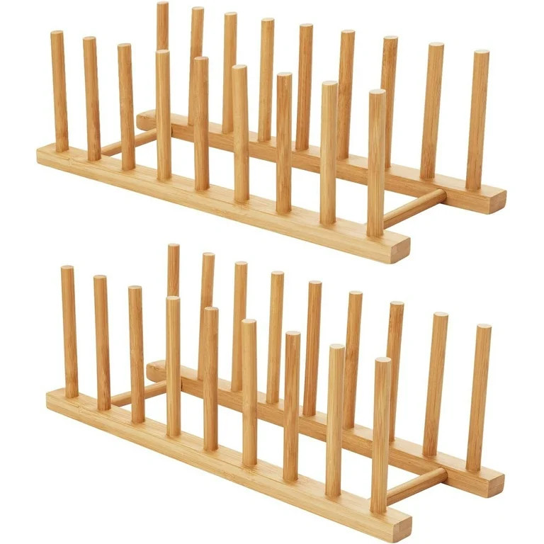 2 Pack Bamboo Wooden Dish Rack - Plate Rack Stand Pot Lid Holder, Kitchen Cabinet Organizer for B... | Walmart (US)