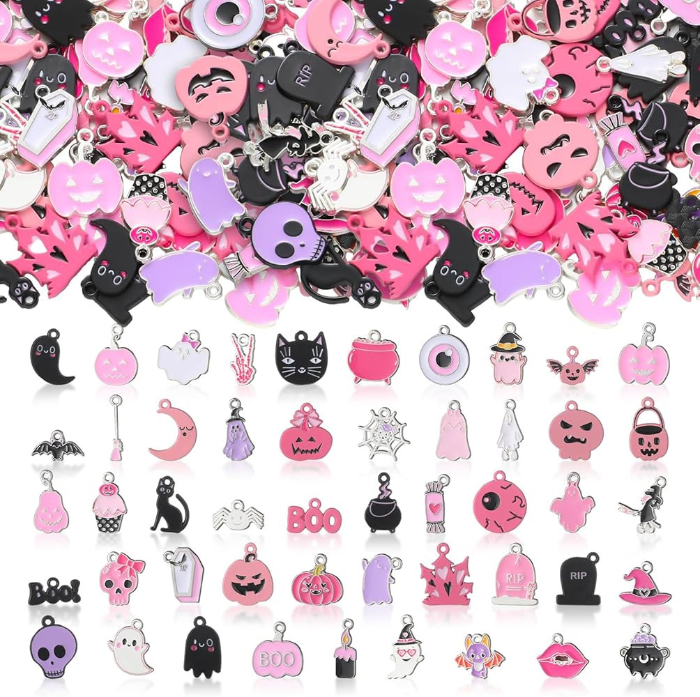 Giegxin 150 Pcs Pink Halloween Charms Bulk for Jewelry Making Halloween Alloy Assorted Pendant Ch... | Amazon (US)