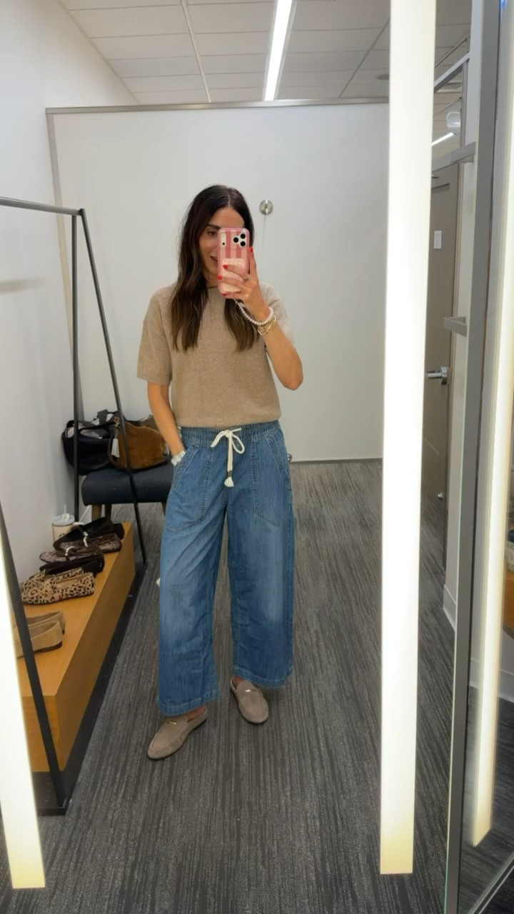 Free People jeans, I'm wearing size XS, size down. Cashmere sweater size XS, mules.