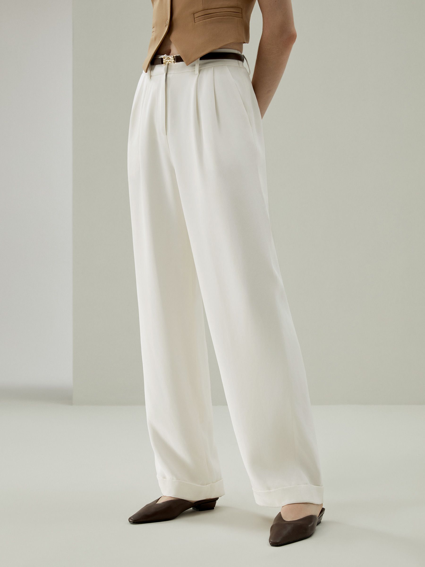 Timeless Pleated Wide-Leg Dense Silk Trousers | LilySilk