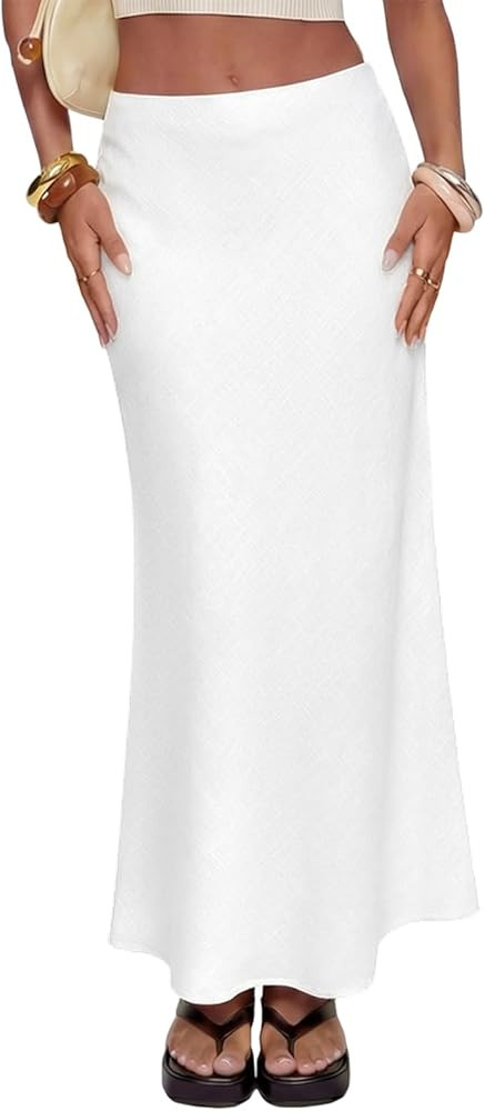 Women's Linen Maxi Skirt Elastic High Waisted White Summer Casual Clothes Long Skirts for Women | Amazon (US)