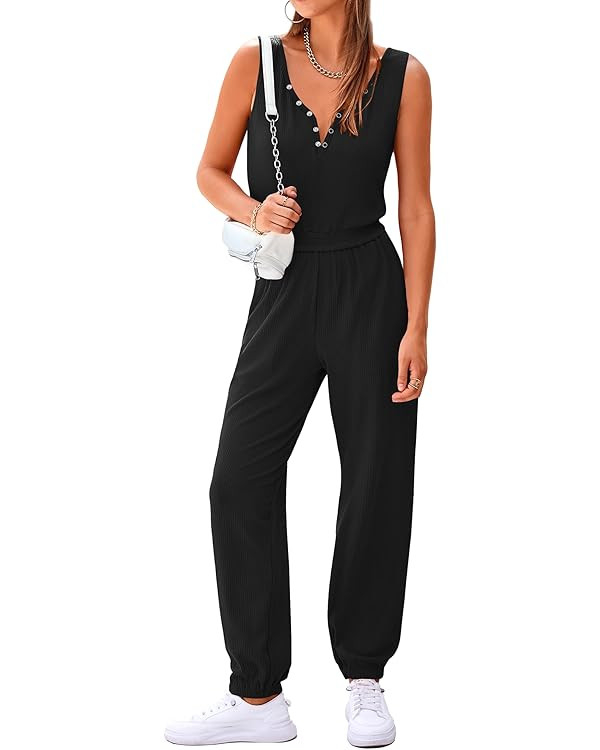 PRETTYGARDEN Women's Jumpsuits 2024 Summer Casual Sleeveless Elastic Waist Stretchy Ribbed Knit L... | Amazon (US)