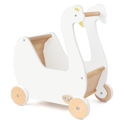Pillowhale Wooden Doll Stroller, Baby Pram Toy, Wooden Swan Baby Walker for Toddler Boys & Girls 18 Months and Up | Amazon (US)