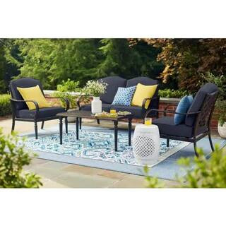 Hampton Bay Laurel Oaks Brown 4-Piece Steel Outdoor Patio Conversation Seating Set with CushionGu... | The Home Depot