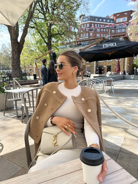 Spring look perfect for a coffee date - Reiss white ribbed long sleeve top, camel brown smart jacket, linen blend trousers, Saint Laurent cream handbag, gold jewellery from missoma & Cartier and rayban round sunnies  

#LTKstyletip #LTKitbag #LTKeurope