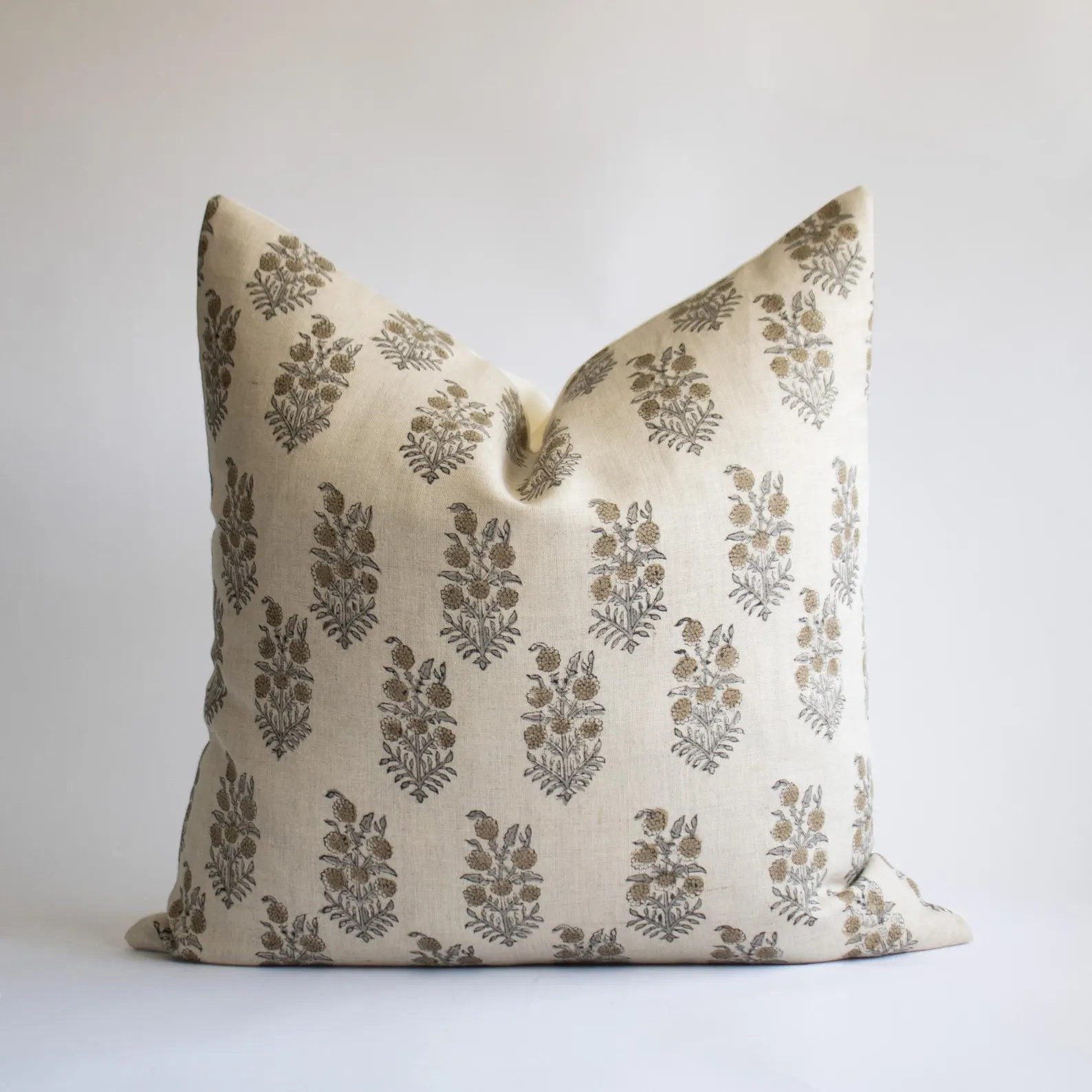 Neutral Floral Linen Pillow Cover: Gray Tan Hand Block Print | INDU | Etsy (US)