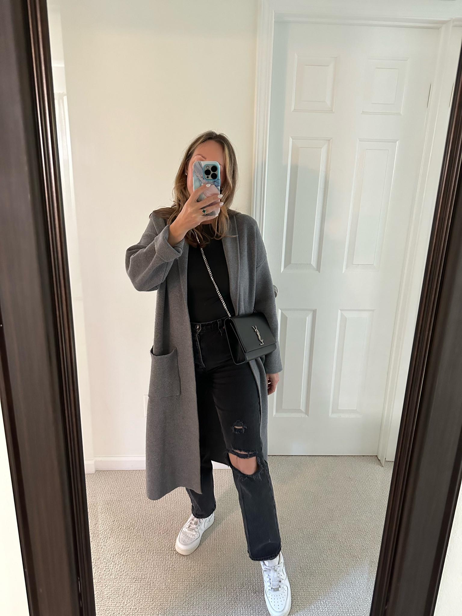 Coatigan  grey Amazon bodysuit black Abercrombie jeans white crossbody ysl wallet sneakers grey outfit 

#LTKtravel #LTKstyletip #LTKunder100