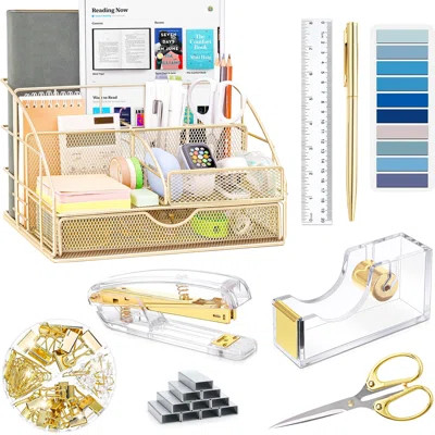 Gold Office Desk Organizer Set - Mesh Organizer, Acrylic Tape Dispenser, Stapler, Pens, Clips, Ruler, Scissors, Labels | Wayfair North America
