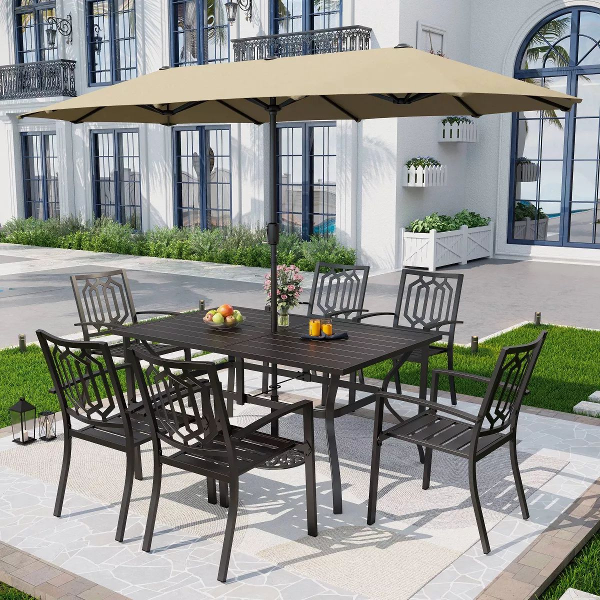 8pc Outdoor Dining Set with Metal Slat Top Table & Wrought Iron Chairs - Black/Beige - Captiva De... | Target