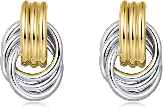 LILIE&WHITE Chunky Gold Statement Earrings, Two-Tone Knot Dangle Earrings, Circular Hoop Drop Ear... | Amazon (UK)