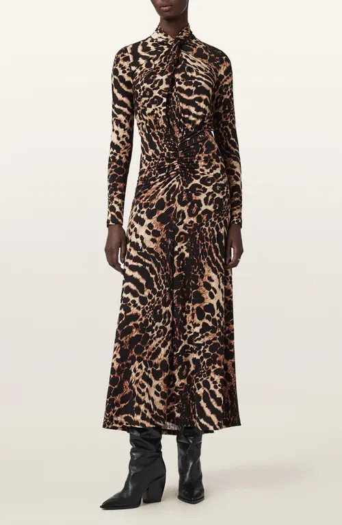 AllSaints Mina Ruched Print Long Sleeve Maxi Dress in Pardus Honey Brown at Nordstrom, Size 8 Us | Nordstrom