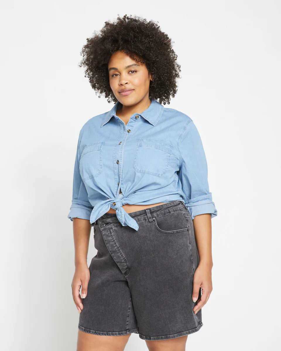 Katie High Rise Crossover Denim ShortsWashed Black | Universal Standard