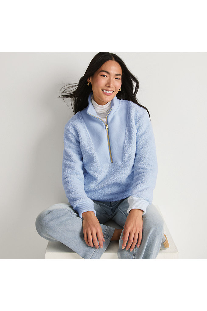 Women's Rib Collar Sherpa Fleece Pullover - Lands' End - Blue - S | Lands' End (US)