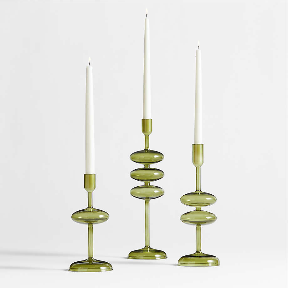 Venezia Olive Green Glass Taper Candle Holders, Set of 3 | Crate & Barrel