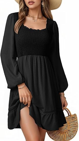 Dokotoo Dresses for Women 2026 Square Neck Long Sleeve Smocked Dress Flowy Tiered Ruffle Lace Bea... | Amazon (US)