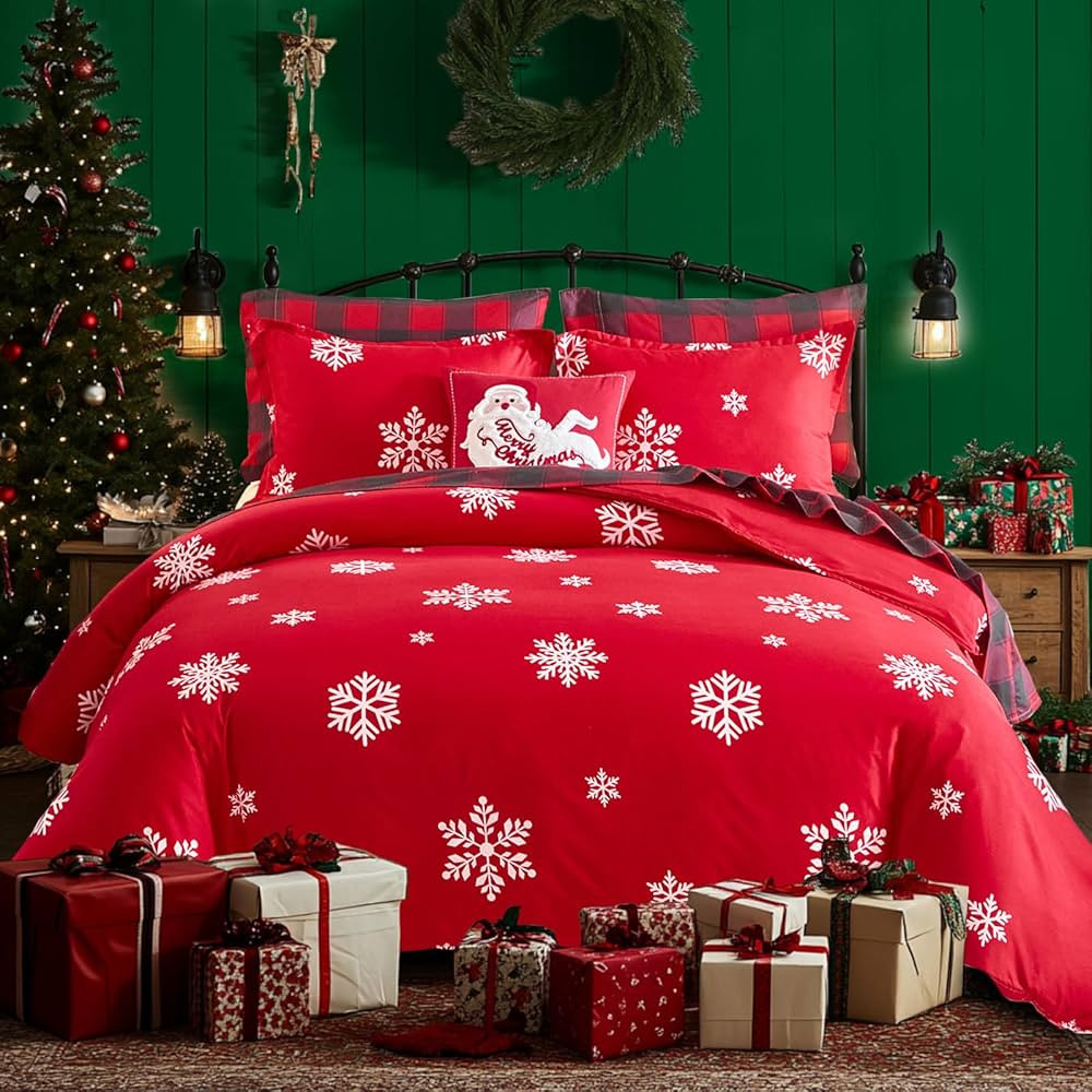 Tititada Christmas Snowflake Duvet Cover Set Queen Soft - White Snowflake on Red Holiday Decor Be... | Amazon (US)