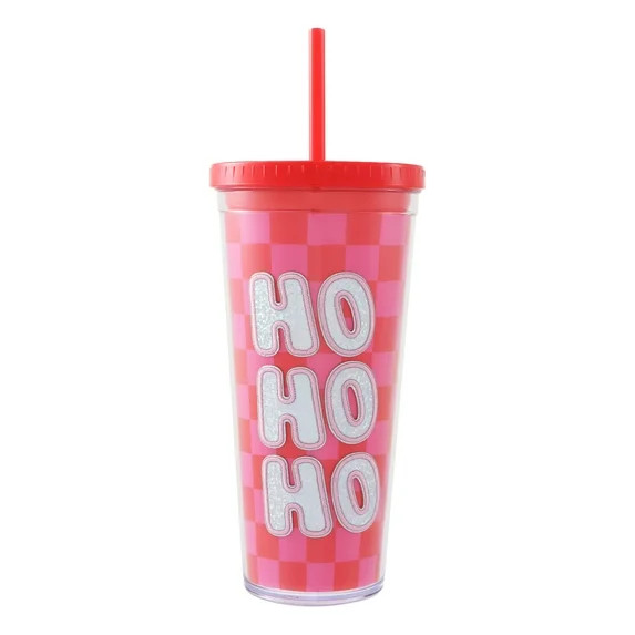 Plastic Double-Walled Christmas Tumbler with Straw and Lid, Ho Ho Ho, Red and Pink, 22 fl oz, by ... | Walmart (US)