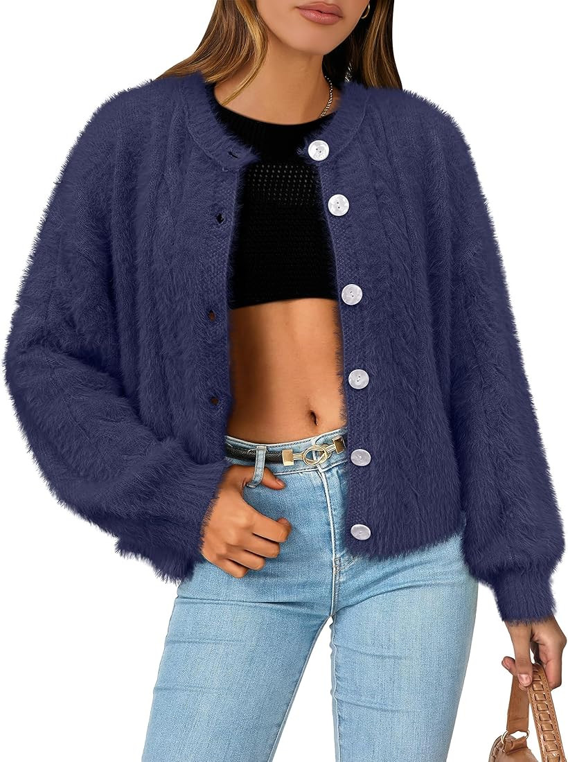 ANRABESS Women's Fuzzy Knit Cardigan Sweater Fluffy Warm Cropped Jackets Coat Cute Cozy 2024 Fall... | Amazon (US)