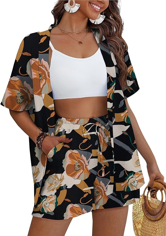 REDHOTYPE Women's 2 Piece Outfits Kimono Style Tropical Print Cover Ups Half Sleeve Blouse Shorts... | Amazon (US)
