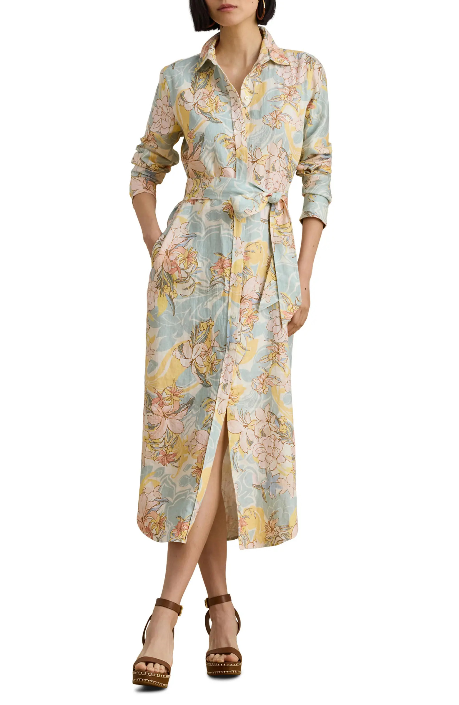 Floral Long Sleeve Linen Midi Shirtdress | Nordstrom