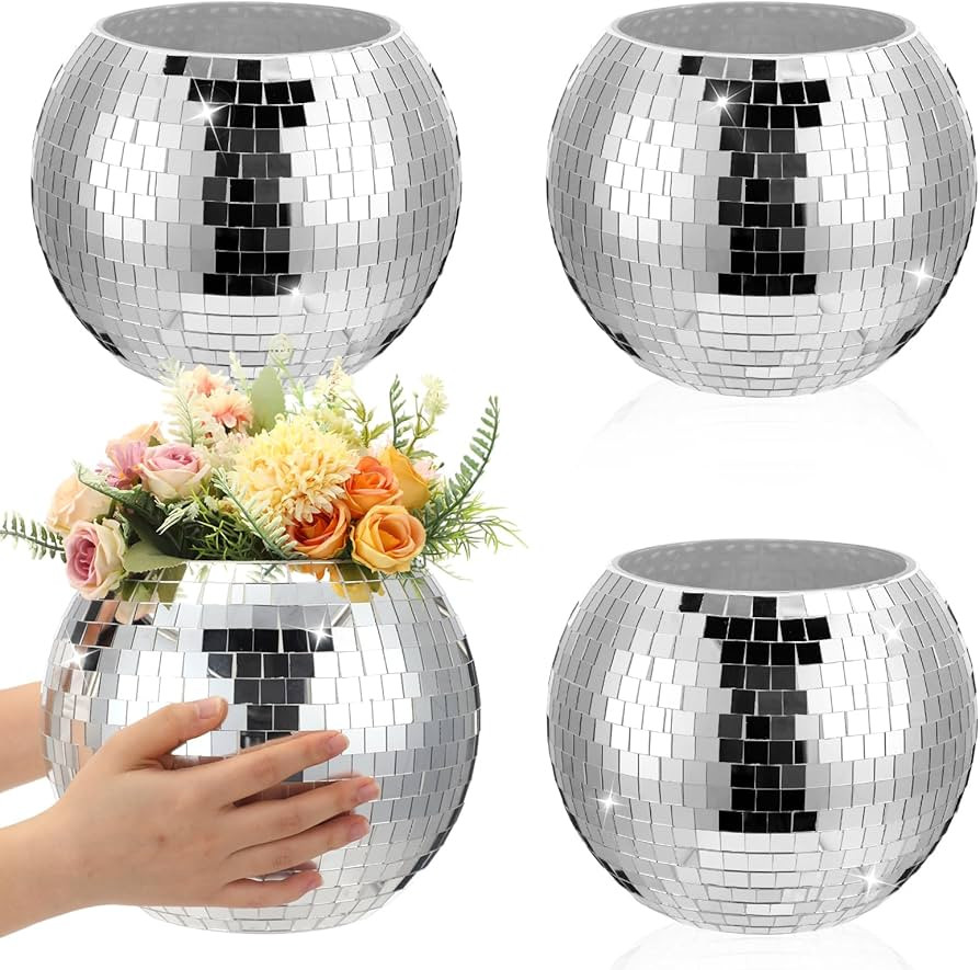 Jinei 4 Pcs Disco Ball Flower Vase Mirror Disco Ball Glass Vase Disco Ball Planter Candle Holder ... | Amazon (US)