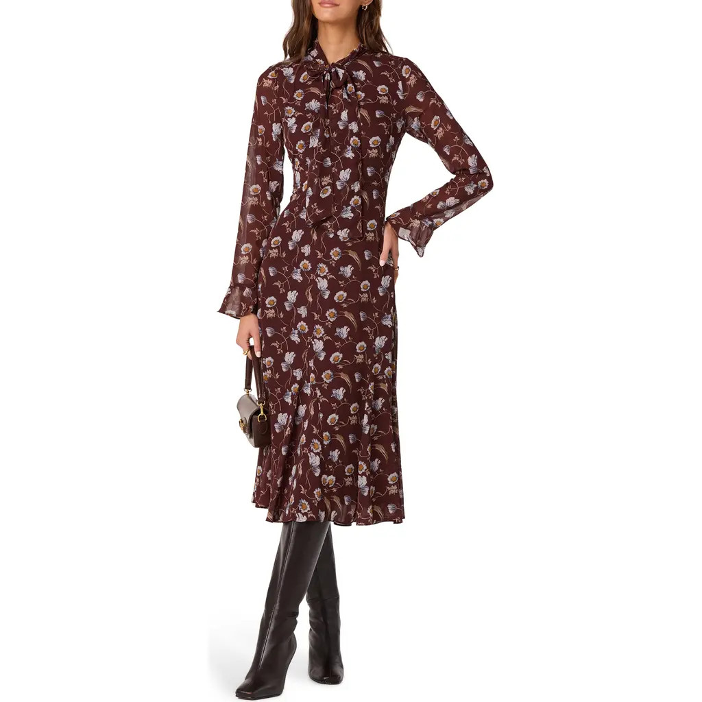 ASTR the Label Floral Tie Neck Long Sleeve Dress in Brown Blue Floral at Nordstrom Rack, Size X-Small | Nordstrom Rack