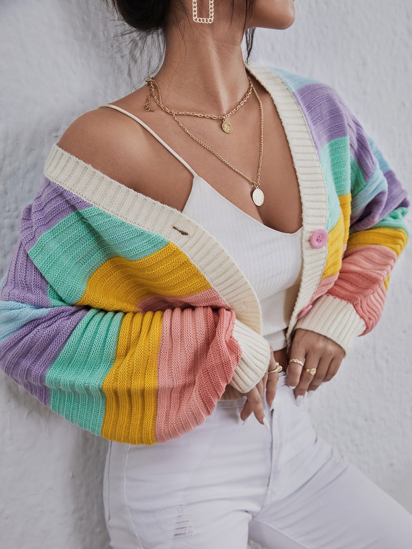 Colorblock Button Front Rib-knit Cardigan | SHEIN