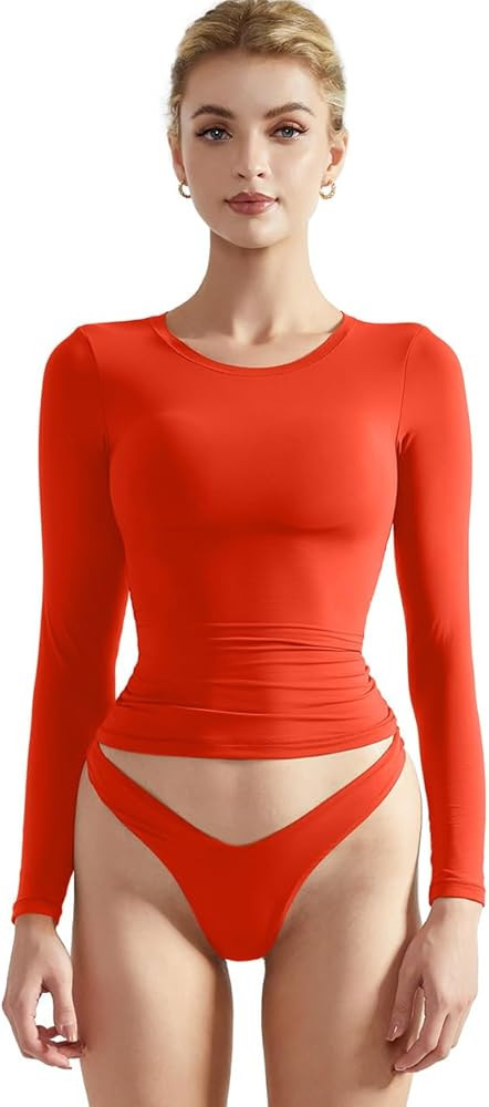 SUUKSESS Women Double Lined Fitted Basic T Shirts Crew Neck Long Sleeve Crop Top | Amazon (US)