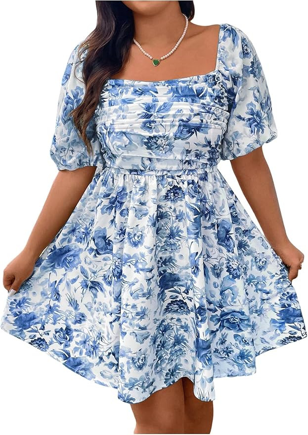 Floerns Women's Plus Size Floral Print Dress Vacation Puff Sleeve Ruched A Line Short Dress | Amazon (US)