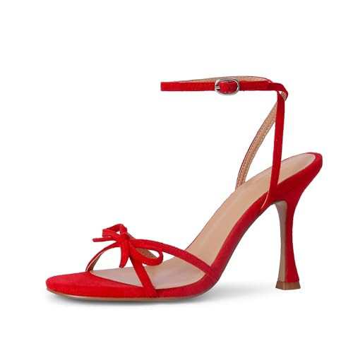 iiimmu Women's Bow Heels 4 IN Stiletto Heeled Sandals for Women Round Open Toe Sandal Heels Elegant Summer Heels Soft PU Leather/Faux Suede, Suede-red, 8.5 | Amazon (CA)