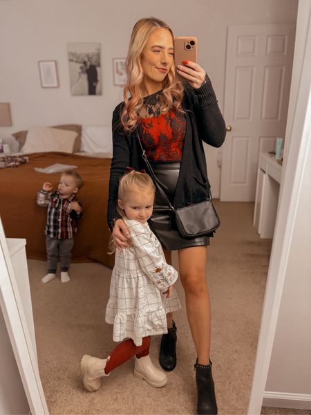 Christmas Outfit, Holiday Style, Holiday Outfit Inspo, Faux Leather Skirt, Lace Layering Top

#LTKHoliday #LTKfamily #LTKfindsunder50