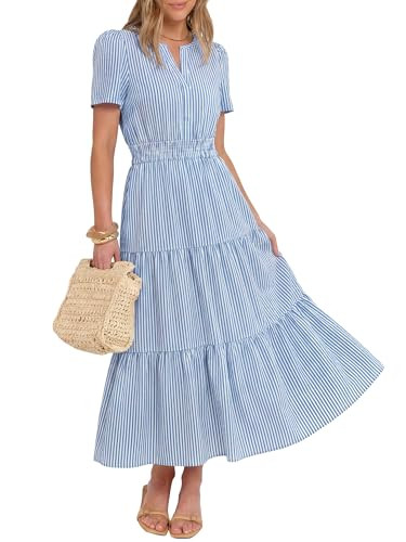Caracilia Women's Summer Short Sleeve V-Neck Maxi Dress, Gingham & Striped Fabric, Casual A-Line ... | Amazon (US)