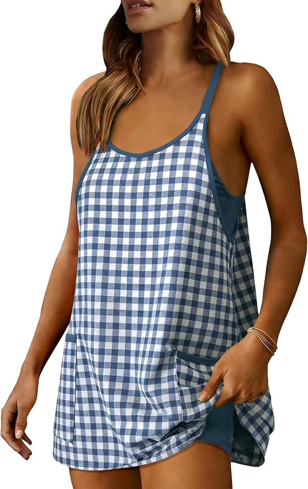 Faleave Women's Summer Sleeveless Mini Dress Gingham Spaghetti Strap Built-in Shorts V Neck Athle... | Amazon (US)