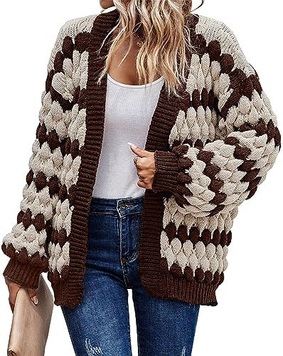 KIRUNDO Womens Cardigan Chunky Fall Fashion Lantern Sleeve Open Front Striped Color Block Cable K... | Amazon (US)