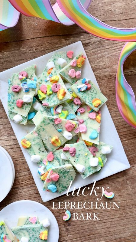 Lucky leprechaun white chocolate bark gift bags with the cutest pastel rainbow ribbon! Your friends are going to feel so lucky to get these as gifts! 

#LTKhome #LTKfindsunder50