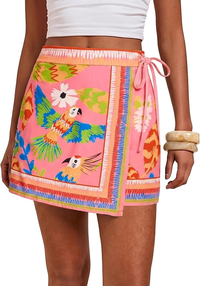 Women's Wrap Mini Skirt Floral Printed Casual Short Skirts Elastic Waist Summer Beach Vacation Bo... | Amazon (US)
