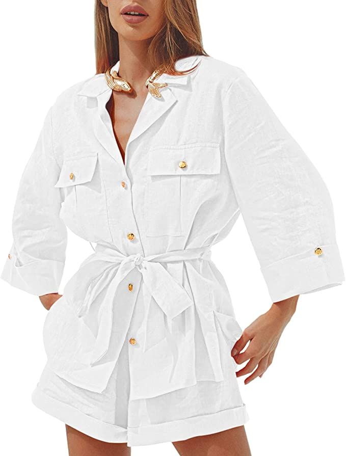 Linsery 2 Piece Linen Outfits Button Shirt Top and Mini Shorts Summer Sweatsuit Set | Amazon (US)